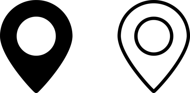 Location pin icons set solid black and outline styles for mapping applications