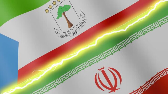 Two waving flags Equatorial Guinea and Iran with diagonal lightning seamless, 4k loop