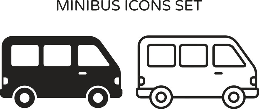 Minibus icon set black and white line art transportation graphics for commercial use