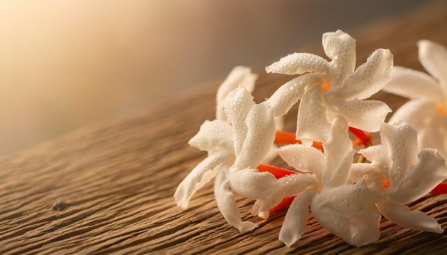 Extreme Macro Shot of Delicate White Sheuli Flowers with Bright Orange Stems on Rustic Wooden Surface