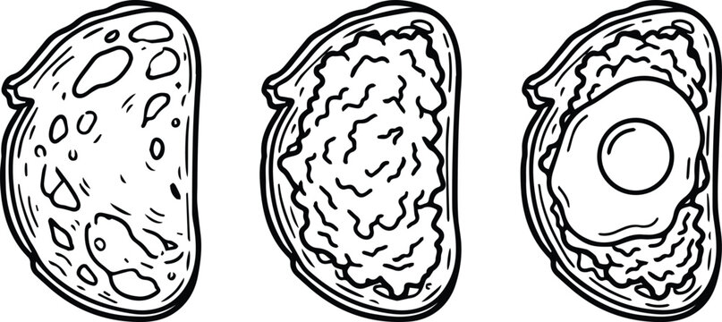 Set of 3 Toasted Bread with Avocado and Fried Egg Vector Illustration