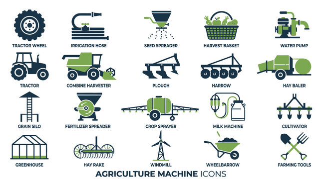 Agriculture Machine Icons: Farming Equipment and Tools