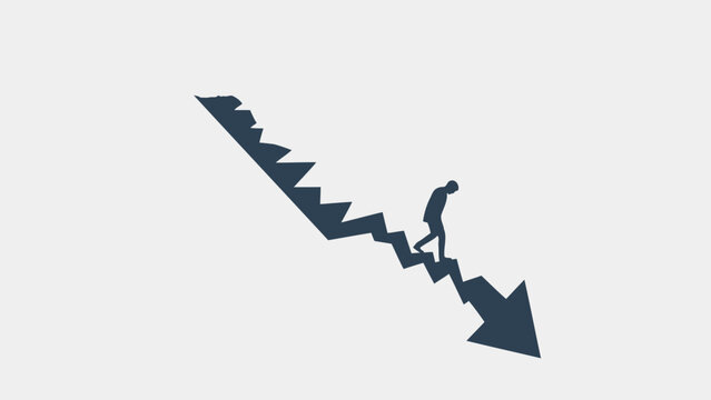 Depressed Businessman Walking Downwards on Decreasing Economic Chart Arrow