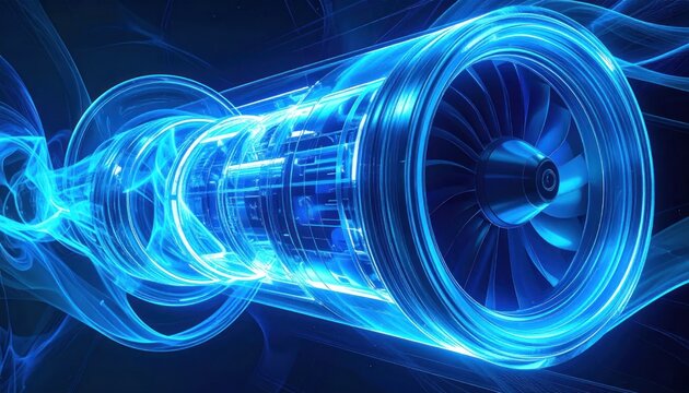 Glowing Futuristic Jet Engine Turbine Emitting Blue Energy in Dark Technology Concept