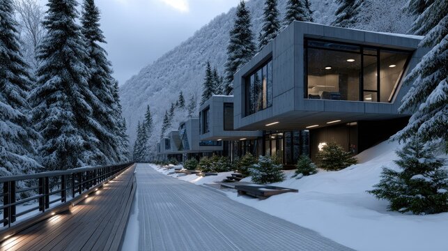 Futuristic robotic ski village under alpine trees with snow removal robots clearing paths and modern chalets