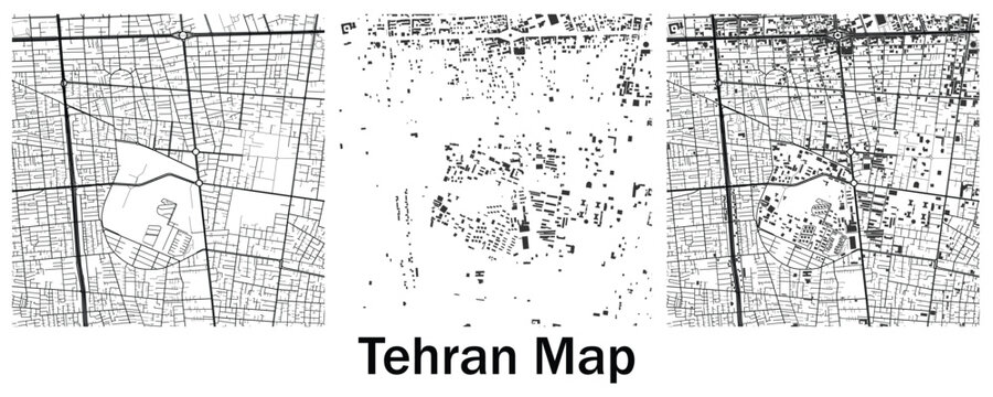 Tehran City Street Map Collection with Abstract Urban Road Network Layout Designs