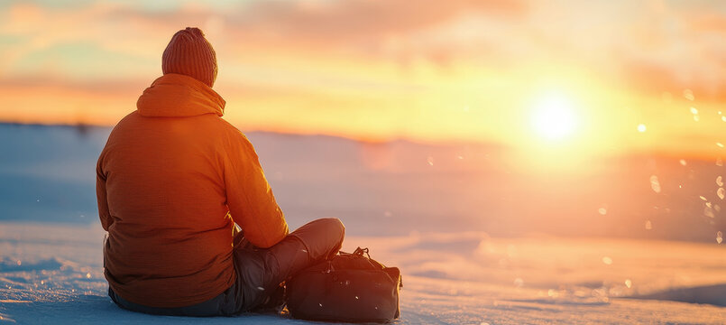 A lone hiker rests on a snowy mountain peak, enjoying the serene beauty of a winter sunset