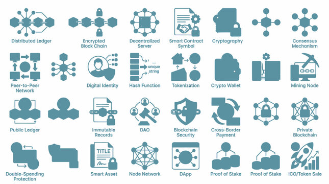 Blockchain Technology Icons: Decentralized Systems, Crypto and Security