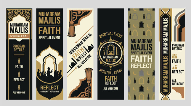 Muharram Majlis vertical banner set, Islamic spiritual event invitation templates, gold and black religious posters for faith and reflection