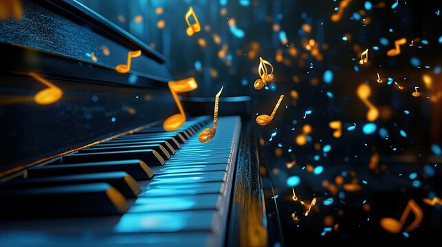 Golden musical notes floating above piano keys dark blue and orange backdrop