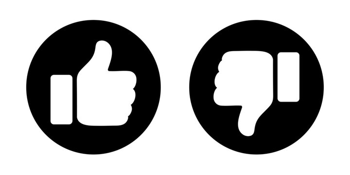 Like and dislike icon set with thumbs up and thumbs down symbols in solid button style. Rating and feedback icons for user reviews, app and web interfaces
