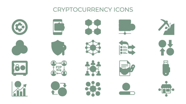 Cryptocurrency Icons Set: Blockchain, Mining, Security, Network