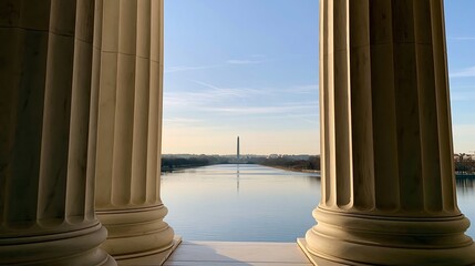 Fototapeta premium View between classical columns towards the Washington Monument and its reflection on the calm Tidal Basin, symbolizing American heritage
