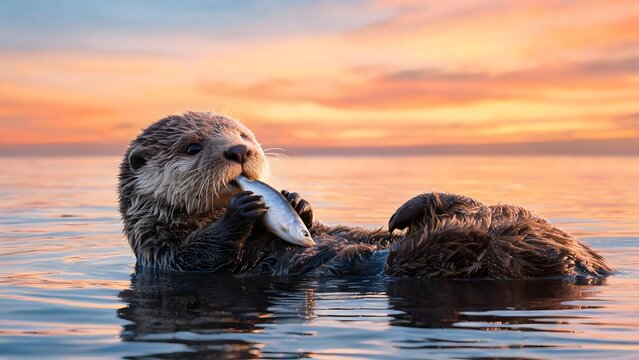 Sea otter eating fish in water