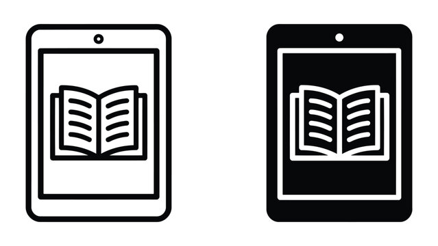Digital tablet device with open book icon for e-reading and digital learning applications representing mobile education tablets and electronic library reader software platforms and tools