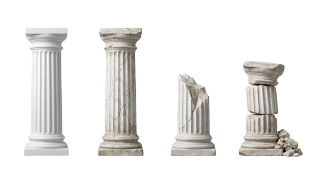 Set of ancient white classical columns in varying decay