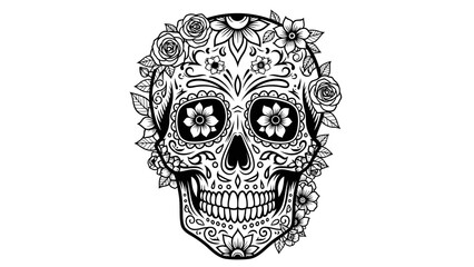 Fototapeta premium Sugar Skull with Floral Ornaments Line Art