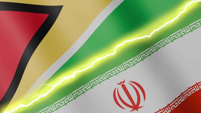 Two waving flags Guyana and Iran with diagonal lightning seamless, 4k loop