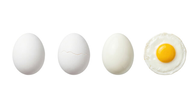 Progression of raw hard boiled and fried eggs on transparent background