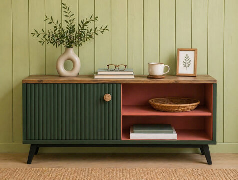Wooden sideboard with fluted door and open shelf against light green wall. Modern interior design element with minimalist decor. Home styling and furniture organization concept.