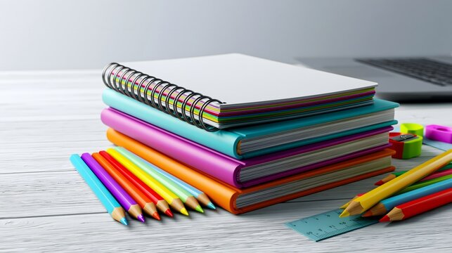 Gestapelte Notizb&uuml;cher mit Farbstiften auf hellem Schreibtisch zum Schulstart