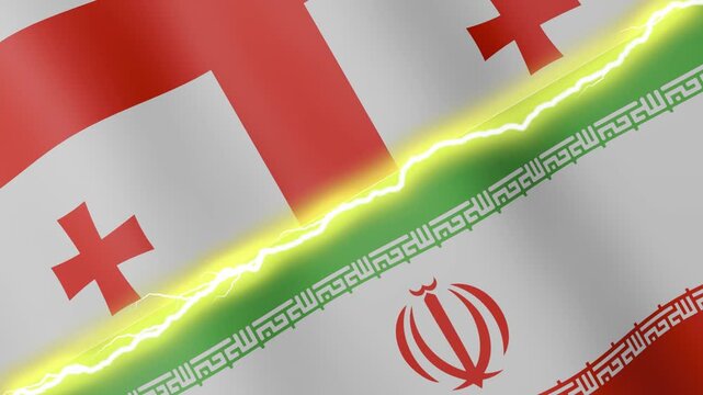 Two waving flags Georgia and Iran with diagonal lightning seamless, 4k loop