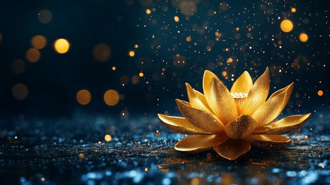 Golden lotus flower on dark background with magic glowing particles. Symbol of purity, spiritual awakening and meditation. Elegant luxury floral design element for zen background.