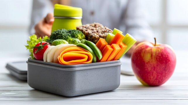 Gesunde Lunchbox mit Gem&uuml;se und Vollkornbrot f&uuml;r Schule und Arbeit