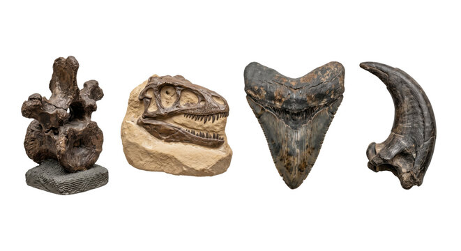Collection of ancient dinosaur fossils and prehistoric shark tooth