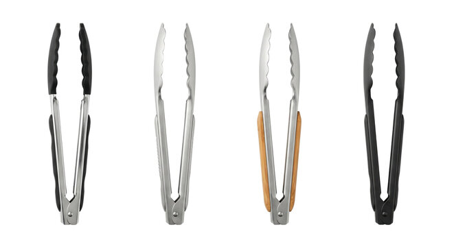 Assorted kitchen cooking tongs in various materials and styles