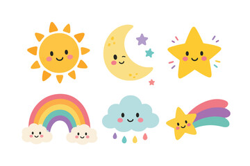 Fototapeta premium Cute Sky and Weather Elements Set Collection Flat Vector Clipart