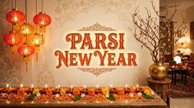 Parsi New Year Vector Background with Traditional Lanterns, Diyas, and Decorative Banner for Navroz Festival Greeting Card