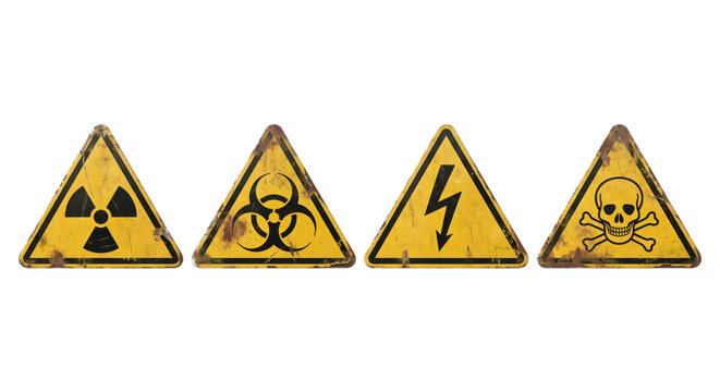 Distressed yellow warning signs for radiation biohazard voltage and poison