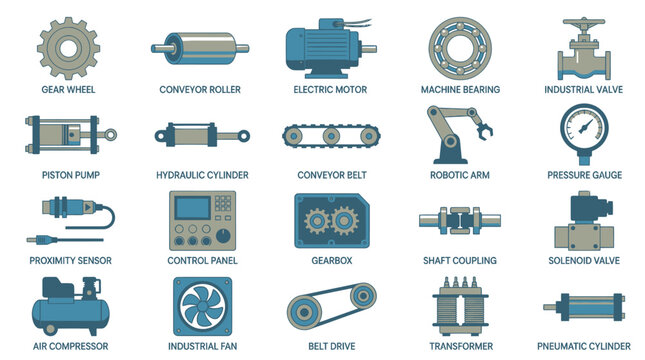 Industrial Components Set: Machinery, Automation, Engineering Icons