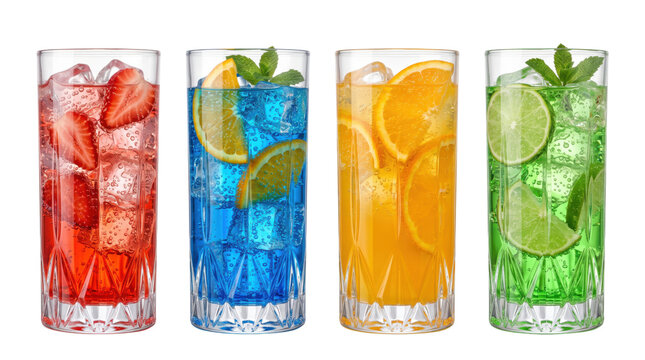 Four colorful refreshing iced cocktails with fruit garnishes on transparent background