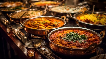 Fototapeta premium Indian food buffet with assorted curry dishes in metal bowls. Catering service with spicy meal selection. Traditional Asian cuisine served on table for dinner party event celebration.