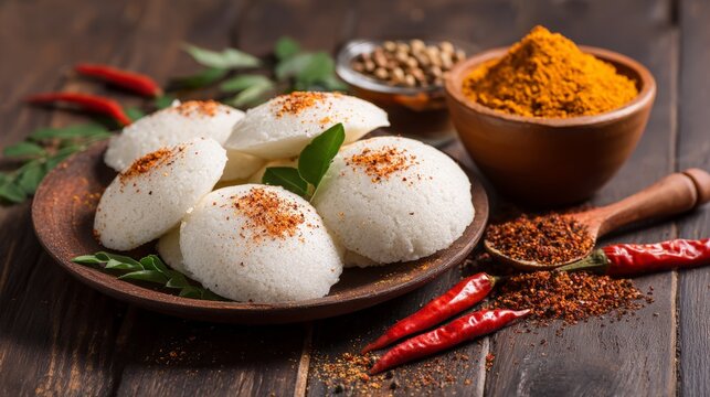 Idli served on clay plate with podi spice powder and chili. Traditional South Indian breakfast food. Healthy vegetarian dish with aromatic curry leaf on dark rustic wooden table.