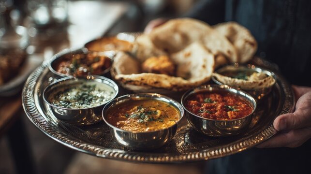 Waiter carrying metal tray with traditional indian thali set. Selection of flavorful curry bowls with naan bread. Authentic spicy cuisine dining experience in restaurant interior.