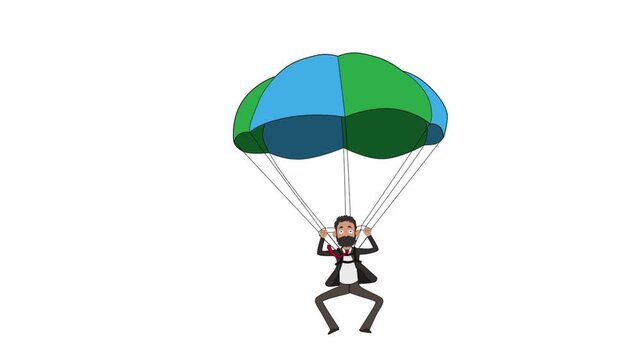 Business Man Character Parachuting Animation on Transparent Background