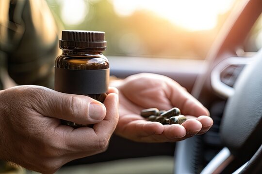 Person holding a bottle of pills and a handful of capsules.