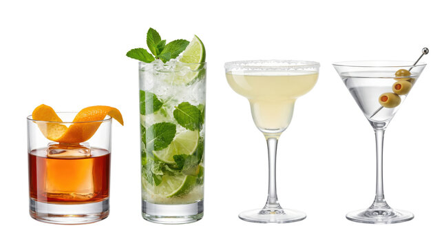 Classic alcoholic cocktails set including mojito and martini