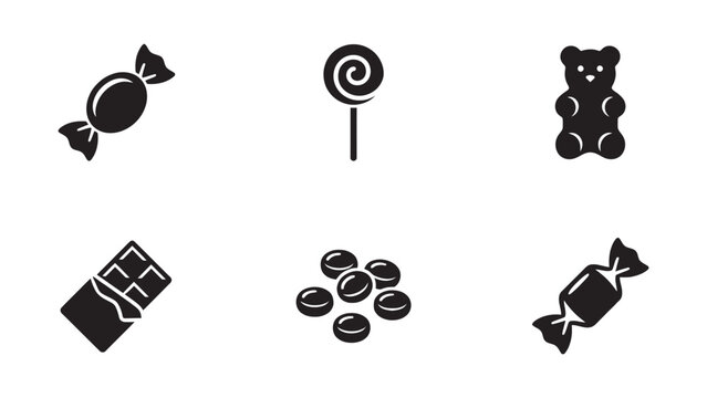 Set of six black and white candy and confectionery icons.