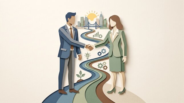 Paper-cut illustration of a business handshake on a winding path toward a city, representing partnership, innovation, and a roadmap to success.