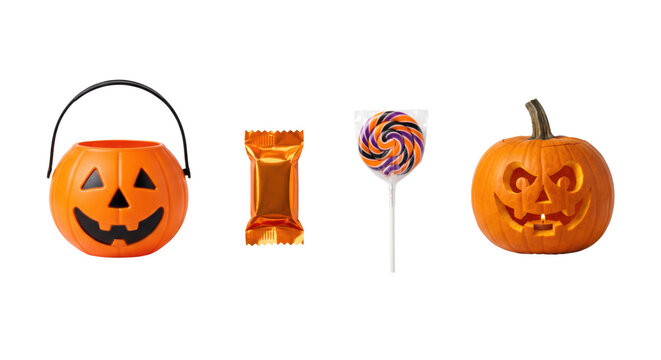Halloween items including a pumpkin bucket, orange candy wrapper, lollipop, and a jack-o'-lantern