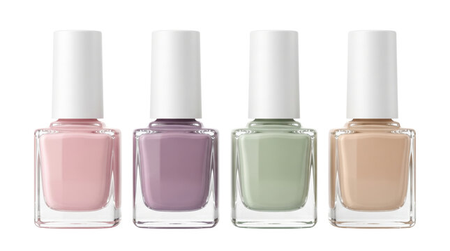 Four bottles of nail polish in pastel shades of pink purple green and beige, isolated on transparent background