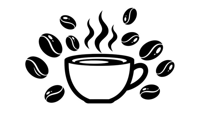 Black and White Coffee Cup Icon with Floating Roasted Beans