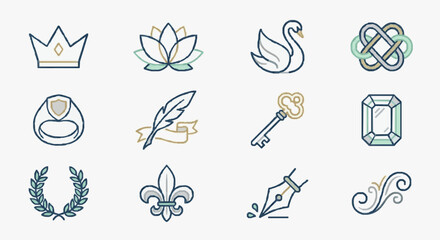Creative Set of Twelve Minimalist Line Icons in Gold Blue and Green Tones Featuring Crown Lotus Swan Knot Shield Laurel Key Gem Quill Fleurs de lis and More © Ndanu