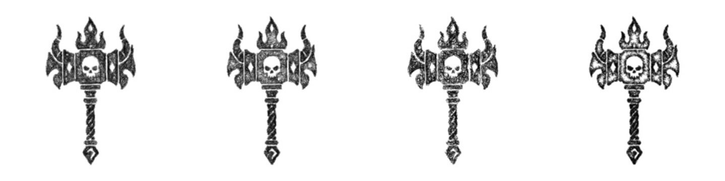 Sketch black and white cursed war hammer icon design set