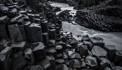Fototapeta premium Dramatic Black Basalt Columns and River in Iceland Landscape