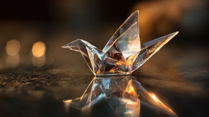 Exquisite crystal clear glass origami crane bird sculpture standing on a dark glossy reflective surface with beautiful warm golden light glowing and shimmering bokeh background effects design